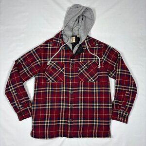 RedHead Bass Pro Shop Red Plaid Quilt-Lined Hooded Flannel Shacket Jacket Mens M